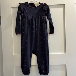 The Beaufort Bonnet Company Navy Blue Kids One Piece with Red Polka Dots